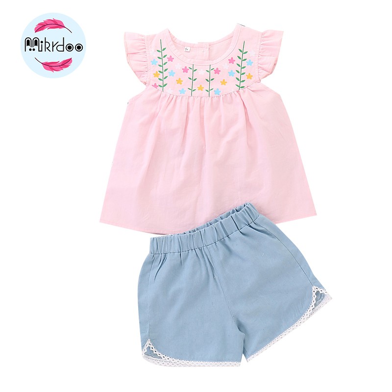 Set trang phục mùa hè MIKRDOO áo kiểu họa tiết gấu/ hoa và chân váy sọc ca rô/ quần đùi dễ thương cho bé gái 1-6 tuổi