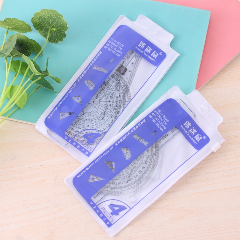 Bộ 4 thước nhựa eke, đo độ 15cm MIMISHU xanh túi zip