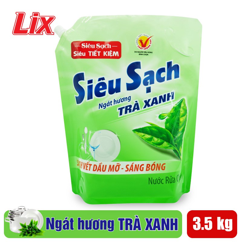 Ảnh Nước rửa chén LIX 3.5KG siêu sạch hương trà xanh loại túi N8101 làm sạch vết bẩn dầu mỡ không hại da tay 2