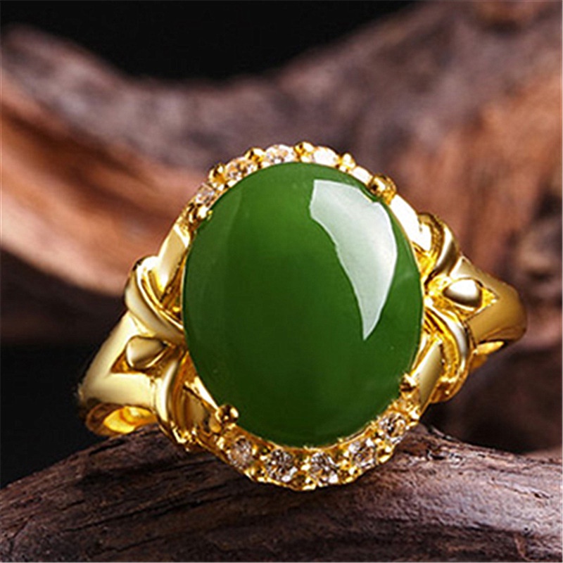 Gió Mạ Vàng Kẻ Sọc Hetian Jasper Nhẫn Vàng Ngọc Chổi Nhẫn Sống Có Thể Điều Chỉnh Sáng Tạo Nhẫn