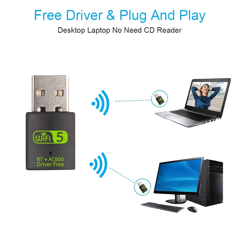 Bộ chuyển đổi Bluetooth WiFi USB, Bộ thu ngoài mạng không dây băng tần kép 600Mbps, WiFi Dongle cho PC / Laptop / Máy tính để bàn