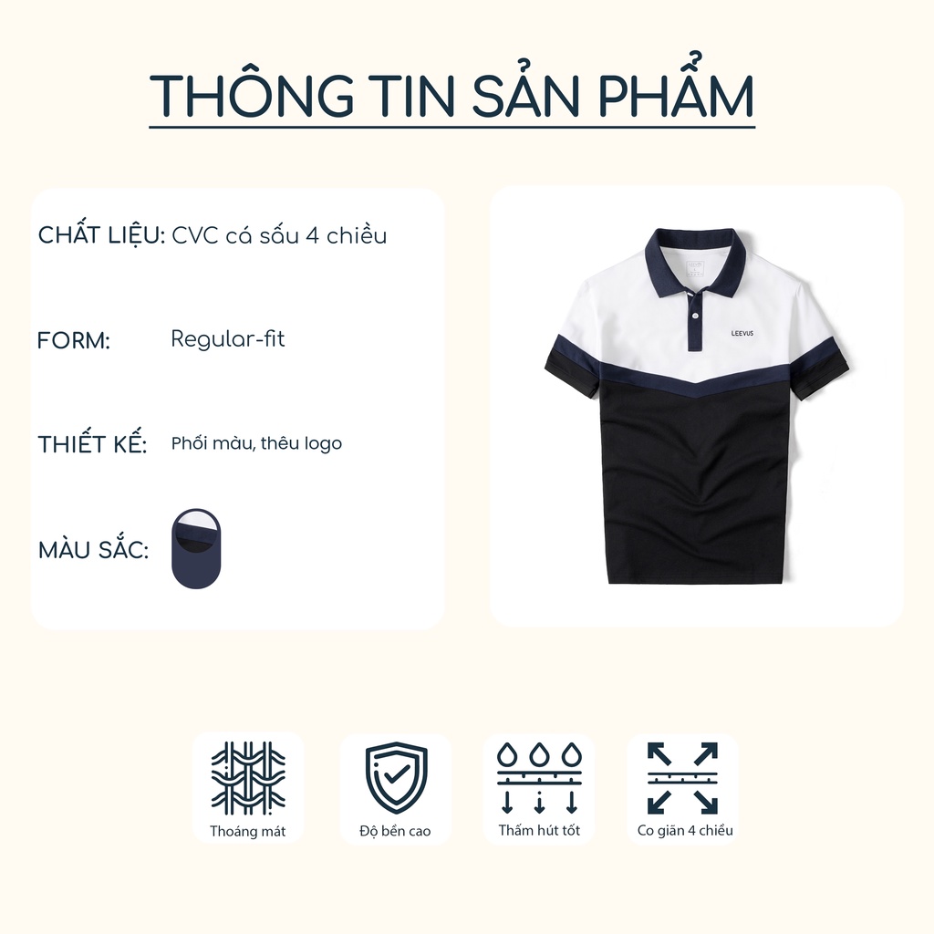 Mô tả Áo Polo nam có cổ RAKEN LEEVUS màu trắng xanh đen, thêu logo, vải CVC cá sấu, form regular APL266 - 1