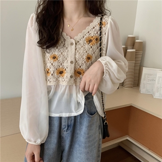 Áo Dệt Kim Nữ Tay Dài Phối Ren Phong Cách Hàn Quốc baju baju wanita Lenan panjang
