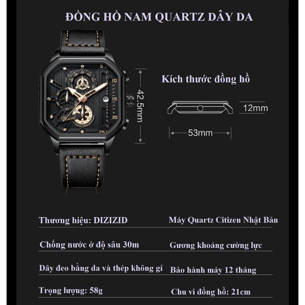 Mô tả Đồng hồ nam DIZIZID chính hãng dây da chạy full kim và lịch ngày - Thiết kế thể thao khỏe khoắn - Mặt vuông lịch lãm DZ9 - 3
