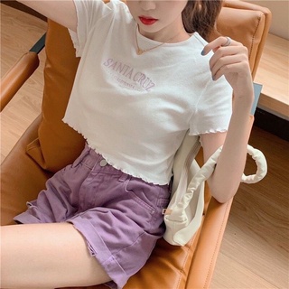 Áo croptop nữ tay ngắn thun cuốn biên thêu chữ màu tím sake dễ thương