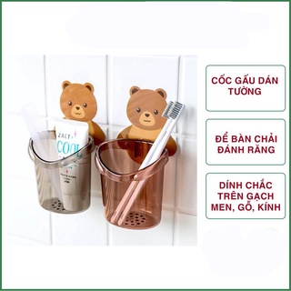 cốc gấu cắm bàn chải kem đánh răng dán tường có lỗ thoát nước