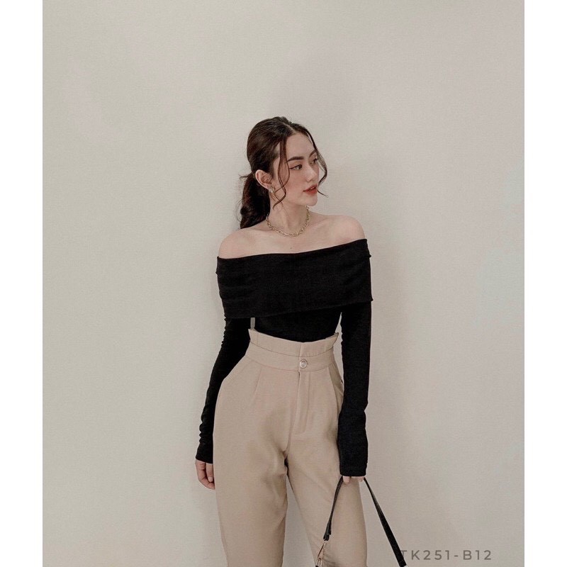 Hàng Thiết Kế Cao Cấp]Áo Trễ Vai Thun Tay Dài Đi Học / Dạo Phố / Công Sở  Màu Đen Nữ Tính | Shopee Việt Nam
