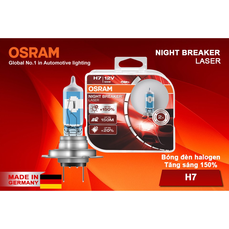Combo 2 Bóng Đèn Halogen Tăng Sáng 150% OSRAM Night Breaker Laser H7 12V 55W