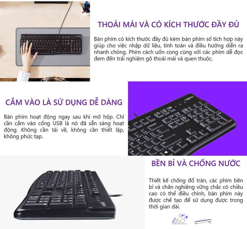 Mô tả Bàn phím có dây Logitech K120 - Bền bỉ, chống tràn, kích thước đầy đủ có phím số - 1