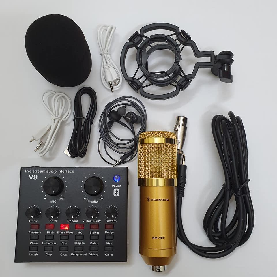 Bộ Combo Soundcard V8 AQTA Hãng Bluetooth + Mic Karaoke Livetream BM