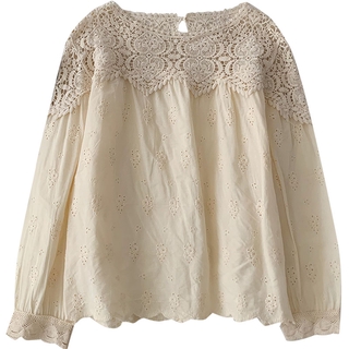 Phong Cách Hàn Quốc Nữ Nữ Rời Cotton Ren Móc Áo Sơ Mi Dài Tay