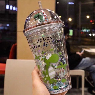 Bình nước khủng long 3D kim tuyến nhiều màu sắc (450ML), giữ nhiệt hai lớp kèm ống hút siêu cute