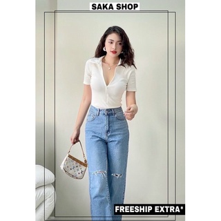 Áo thun nữ cổ sơ mi dây kéo khoá phía trước