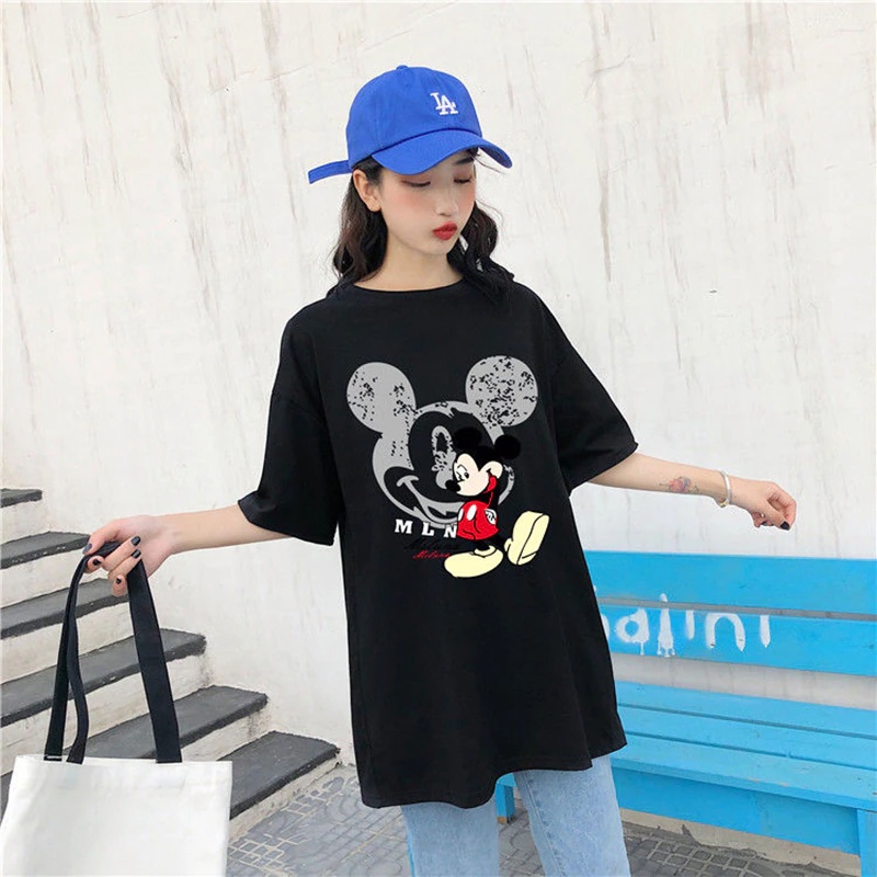 Áo Thun Nữ Tay Lỡ HappyFamily Họa Tiết Mickey Mouse Chất Cotton 100 Cao Cấp-2 Màu Trắng/Đen