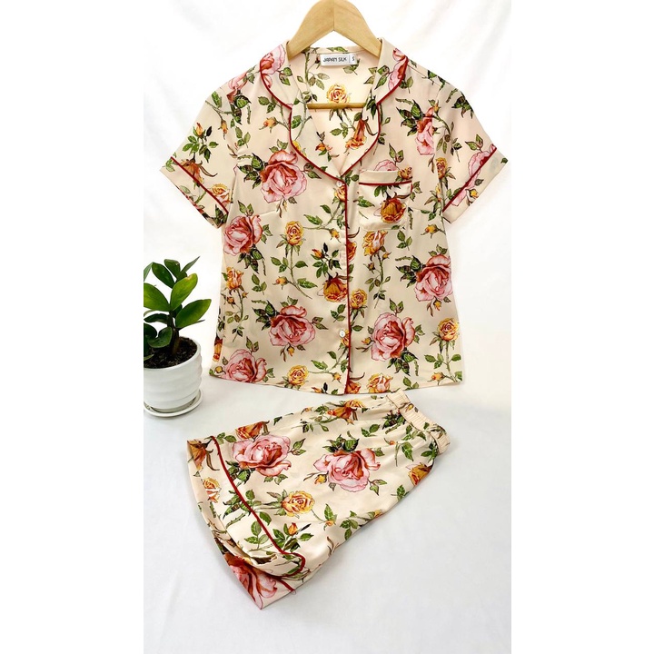 Ảnh Pijama Lụa Nhật Cao Cấp JAPAN SILK Tay Ngắn Quần Cộc Họa Tiết Đóa Hoa BC064 2