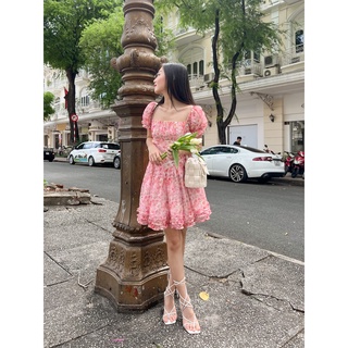 Somee studio Cherry dress Váy tơ xước hoa cổ vuông bèo gấu