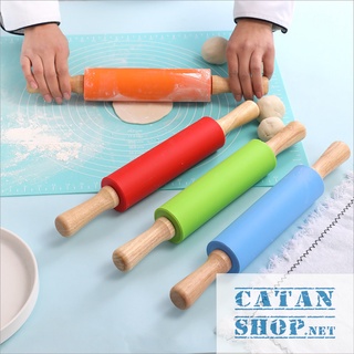 Cây lăn bột, cán bột bằng silicon tay cầm bằng gỗ dài 30cm, dụng cụ làm bánh chống dính cao cấp GD533-LanBot-30cm