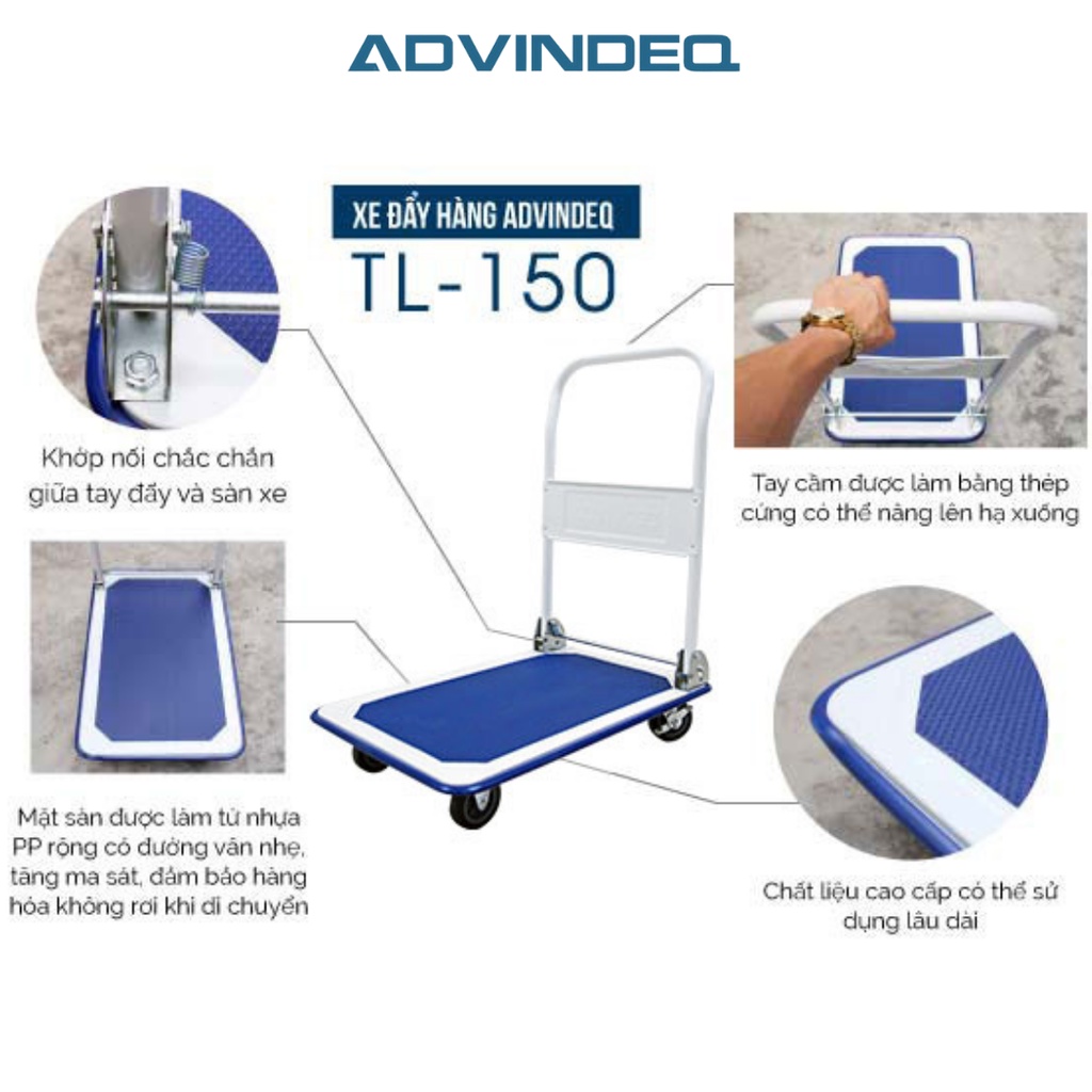 Xe đẩy hàng 4 bánh gấp gọn ADVINDEQ TL-150 sàn thép cao cấp, tải trọng 150kg, bảo hành 12 tháng toàn quốc