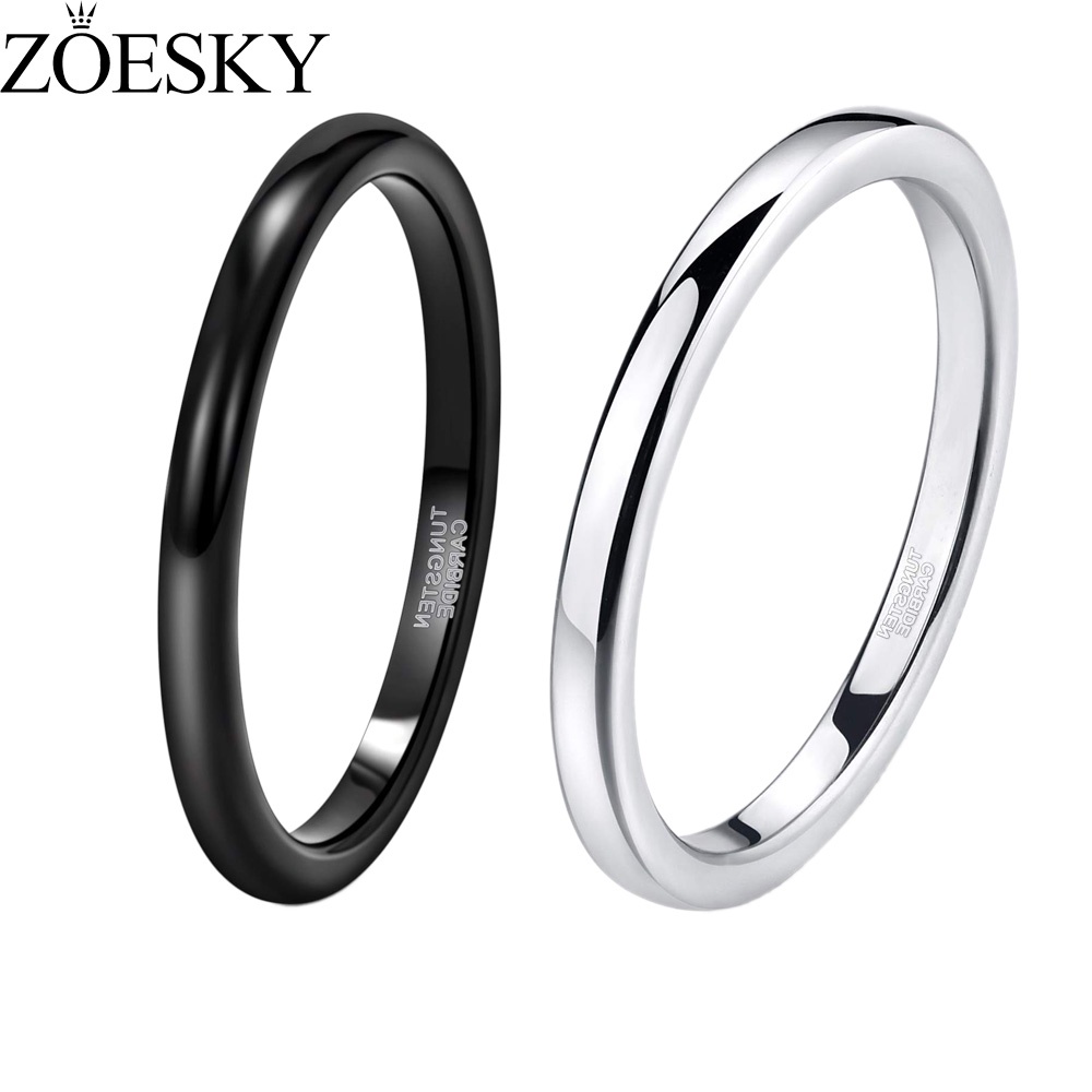 Zoesky 2mm Vonfram Dây Cưới Nhẫn Hoa Hồng Đen / Bạc Đánh Bóng Nhẫn Đính Hôn Cho Nữ Size 4-13