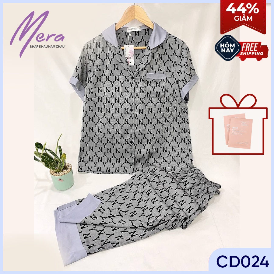 JAPAN SILK - Bộ pijama lụa satin Nhật họa tiết cành hồng đá trang nhã