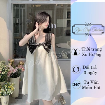 Đầm babydoll 2 dây bản to họa tiết nơ cổ, đầm 2 dây bản to, đầm xòe 2 dây bản to