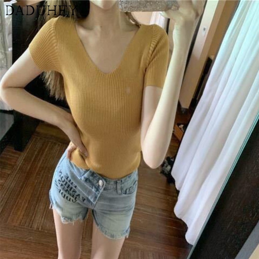 Ảnh Áo thun daduhey vải lụa lạnh tay ngắn cổ chữ V dáng ôm phong cách Hàn Quốc thời trang mùa hè mới cho nữ 3