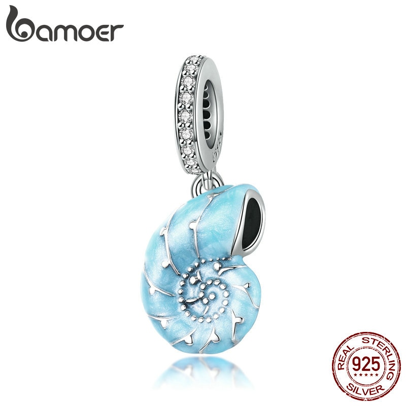 Mặt trang sức Bamoer SCC1560 bằng bạc 925 hình ốc xà cừ màu xanh dương dùng làm vòng tay dễ thương cho nữ