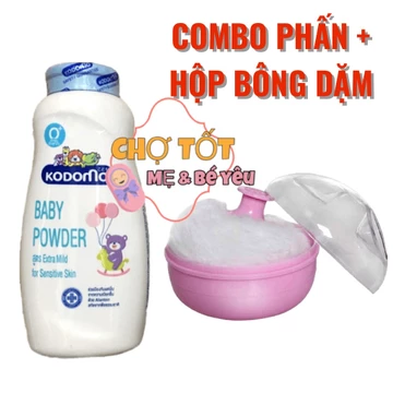 Combo Phấn Rôm, Phấn Dưỡng Ẩm Cho Bé Kèm Hộp Bông Dặm Phấn