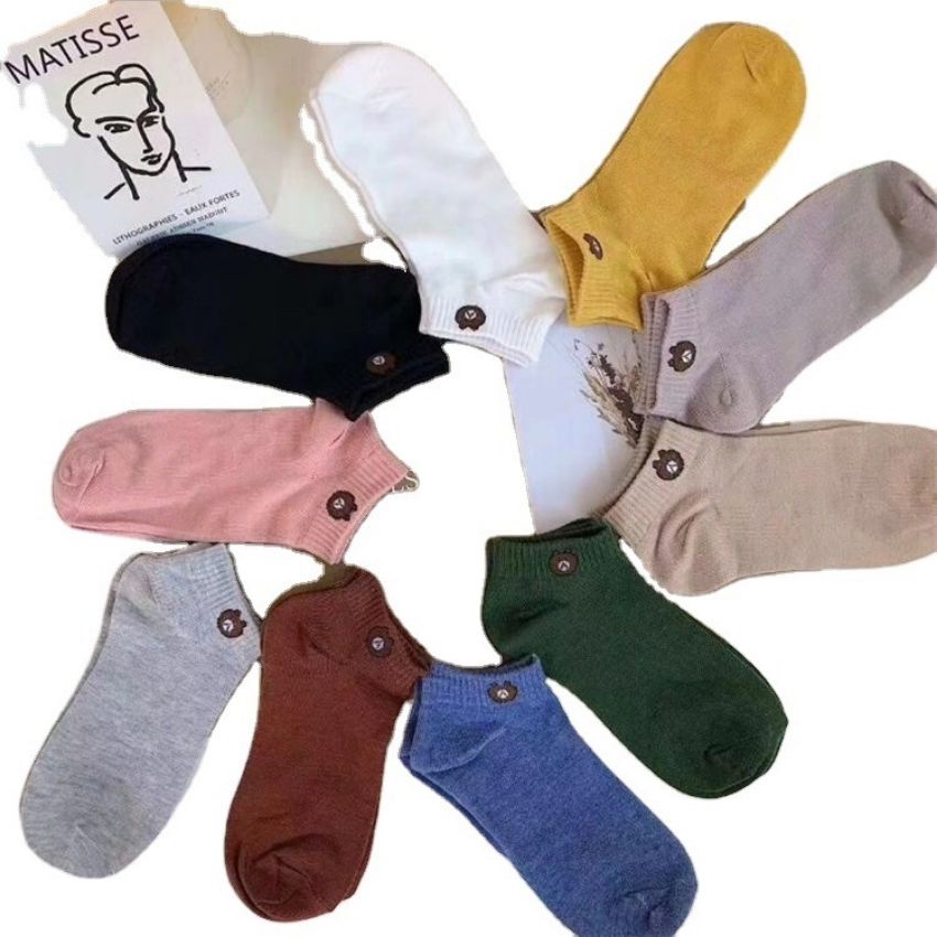 Combo 10 Tất vớ nữ cổ ngắn chất cotton hình gấu brown  dễ thương
