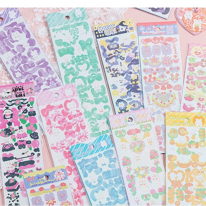 Zanmo tờ nhãn dán sticker mèo gấu thỏ kim tuyến lấp lánh trang trí ...