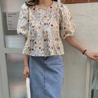 Phong Cách Hàn Quốc Nữ Nữ Thêu Rời Hoa Puff Áo Sơ Mi Tay Ngắn Áo Baju Baju Wanita Lengan Panjang Hàng Mới Sẵn Có