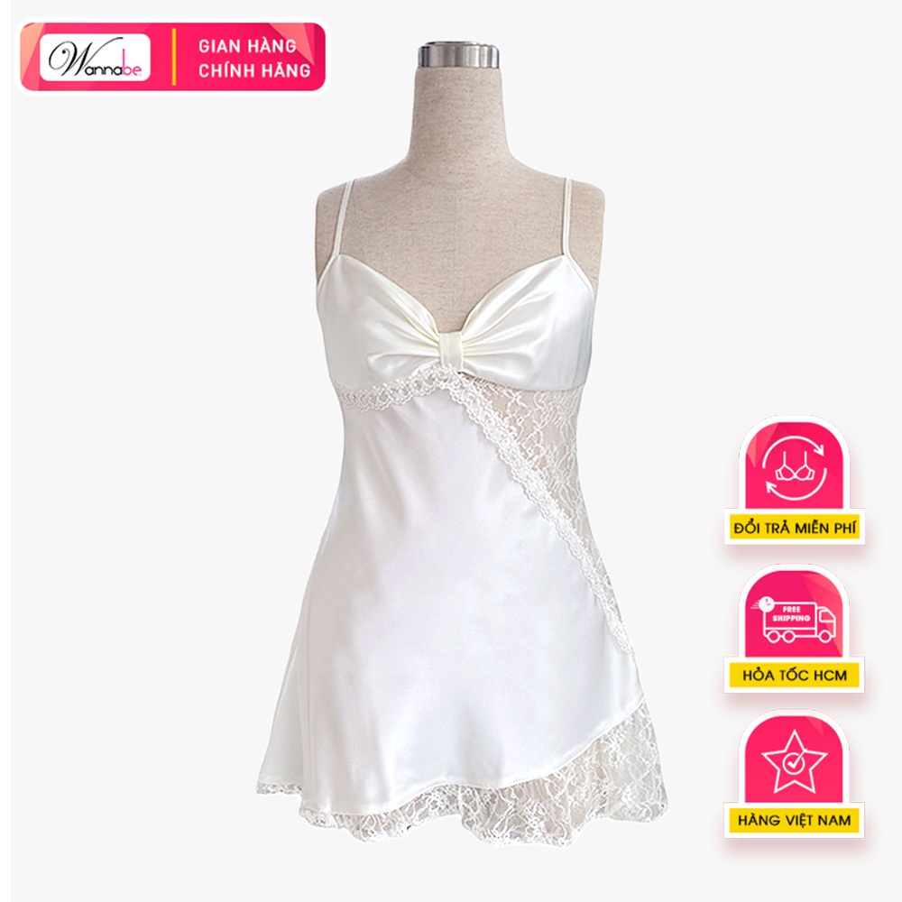 Đầm ngủ phi lụa cao cấp WANNABE DNS29 váy ngủ lụa mịn mát phối ren sườn Nữ tính nhẹ nhàng