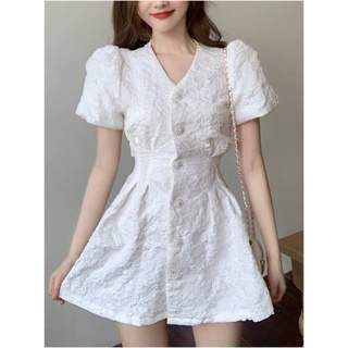 Váy xốp gấm Forgirl basic cổ V tay bồng hở lưng phối cúc ngọc phong cách Hàn quốc