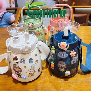 Bình nước giữ nhiệt Greeninterior 880ml, bình đựng nước cute có ống hút, inox 304 cao cấp kèm hình dán 3D Màu Hồng