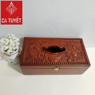 Hộp khăn giấy bằng gỗ hương chạm ông DI LẶC loại to - ẢNH THẬT