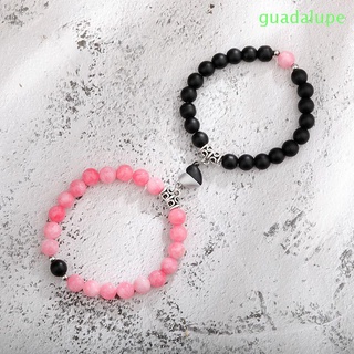 GUADALUPE1 2 Cái / bộ Vòng Tay Đính Hạt Đá Nam Châm Đàn Hồi Dây Đeo Tay Cặp Đôi Vòng Tay Hấp Dẫn Người Bạn Thân Nhất Người Yêu Hạt Tròn Hình Trái Tim Tình Yêu Phụ Kiện Thời Trang Hợp Kim