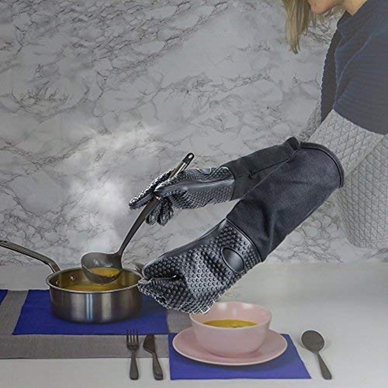 Găng tay lò nướng silicon chuyên nghiệp cực dài, Găng tay nấu ăn chịu nhiệt có bông bên trong cho nhà bếp, Bbq, Nướng bánh, Nướng - Đen