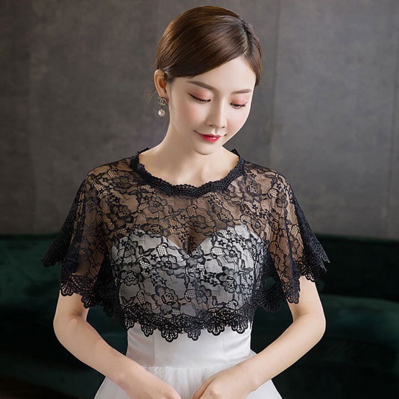 ❀❀Fine Khăn choàng che cổ tulle ren thêu hoa xuyên thấu nhún cao thấp trùm bolero cho cô dâu đám cưới