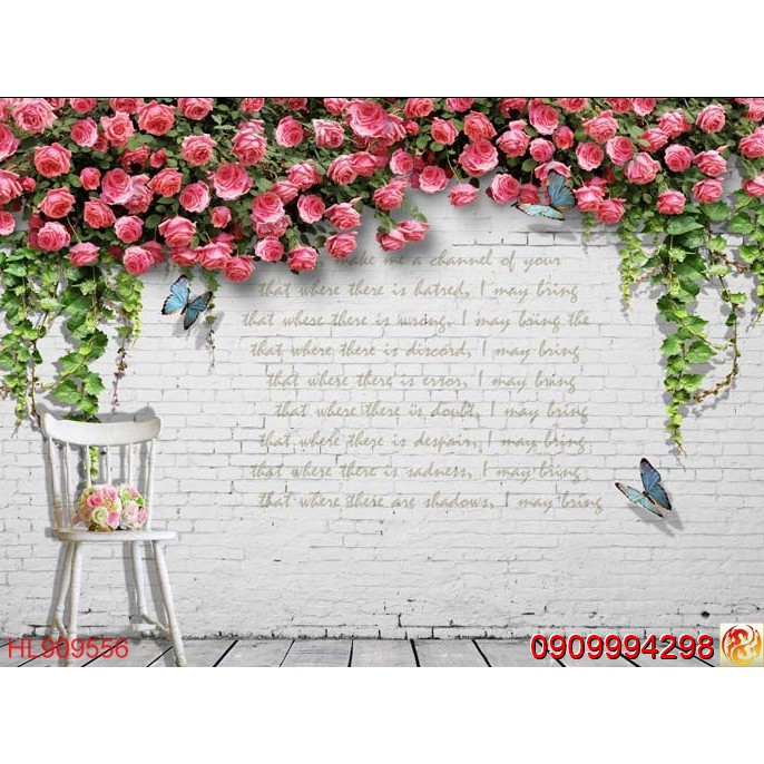 Tranh dán tường 3d giàn hoa hồng leo tường (size to khổ 1,2m ...