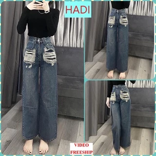 [ ORNL23] QUẦN JEANS ỐNG RỘNG NỮ LƯNG CAO RÁCH 2 MẢNG TÚI TO XANH ĐẬM LAI CUỐN CỰC HOT HIT SIÊU PHÁ CÁCH
