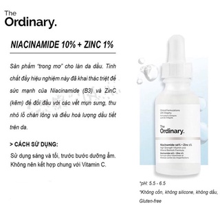 Tinh chất sáng da The ordinary Niacinamide 10% + Zinc 1% (30 ml) giảm dầu, giảm mụn, mờ thâm sau mụn