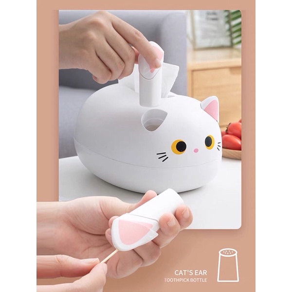 Hộp đựng giấy ăn hình mèo dễ thương kết hợp lọ đựng tăm