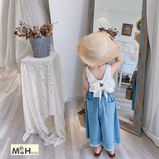 Bộ bé gái quần ống rộng, bộ bò bé gái áo đũi phối nơ lưng, bộ xinh bé gái