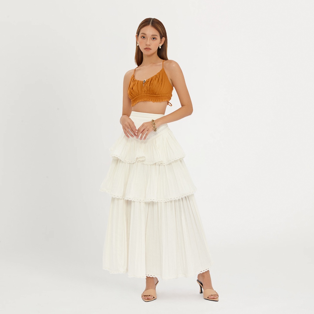 DEAR JOSÉ - Chân váy dài 3 tầng xếp ly Lilo vải linen trắng