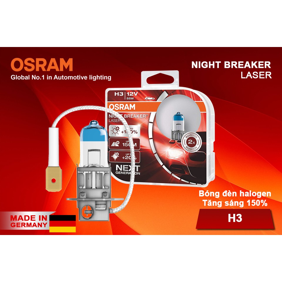 Combo 2 Bóng Đèn Halogen Tăng Sáng 150% OSRAM Night Breaker Laser Dùng Cho Xe Oto Chân H3 64151NL 12V 55W - 3200K 1450LM