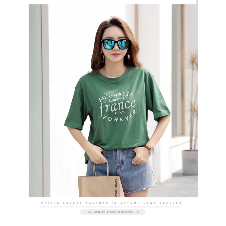 Áo form rộng nữ HappyFamily Xanh rê cổ tròn tay ngắn basic in chữ Australia sunshine France fine For