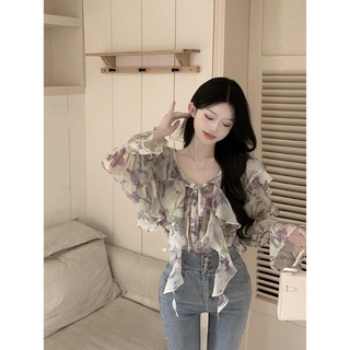 Áo Kiểu Tay Dài Cổ Chữ v Phối Bèo Hoạ Tiết Hoa Phong Cách retro Thời Trang Hàn Quốc