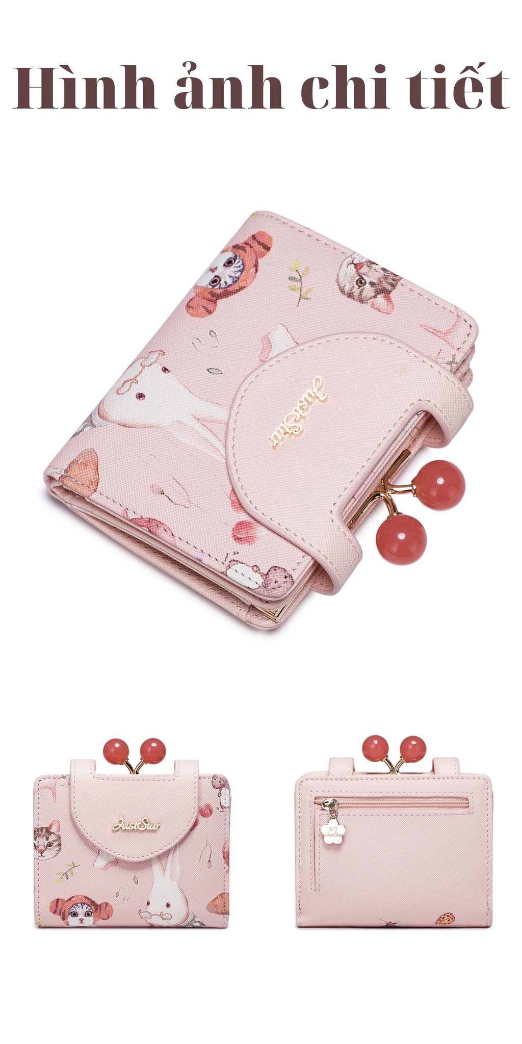 Mô tả Ví nữ mini cute Just Star đẹp dễ thương ngắn dài thỏ cherry hồng nhiều ngăn đựng tiền thẻ ViAnh Store 070355 070354 - 3