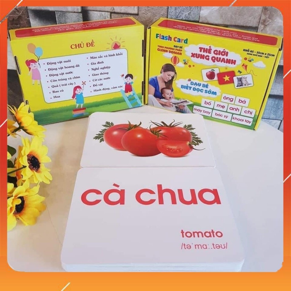 Thẻ Flashcard A5 khổ 15x20cm Bộ 100 thẻ học thông minh 14 chủ để song ngữ dày đẹp dạy bé theo phương pháp Glenn Doman