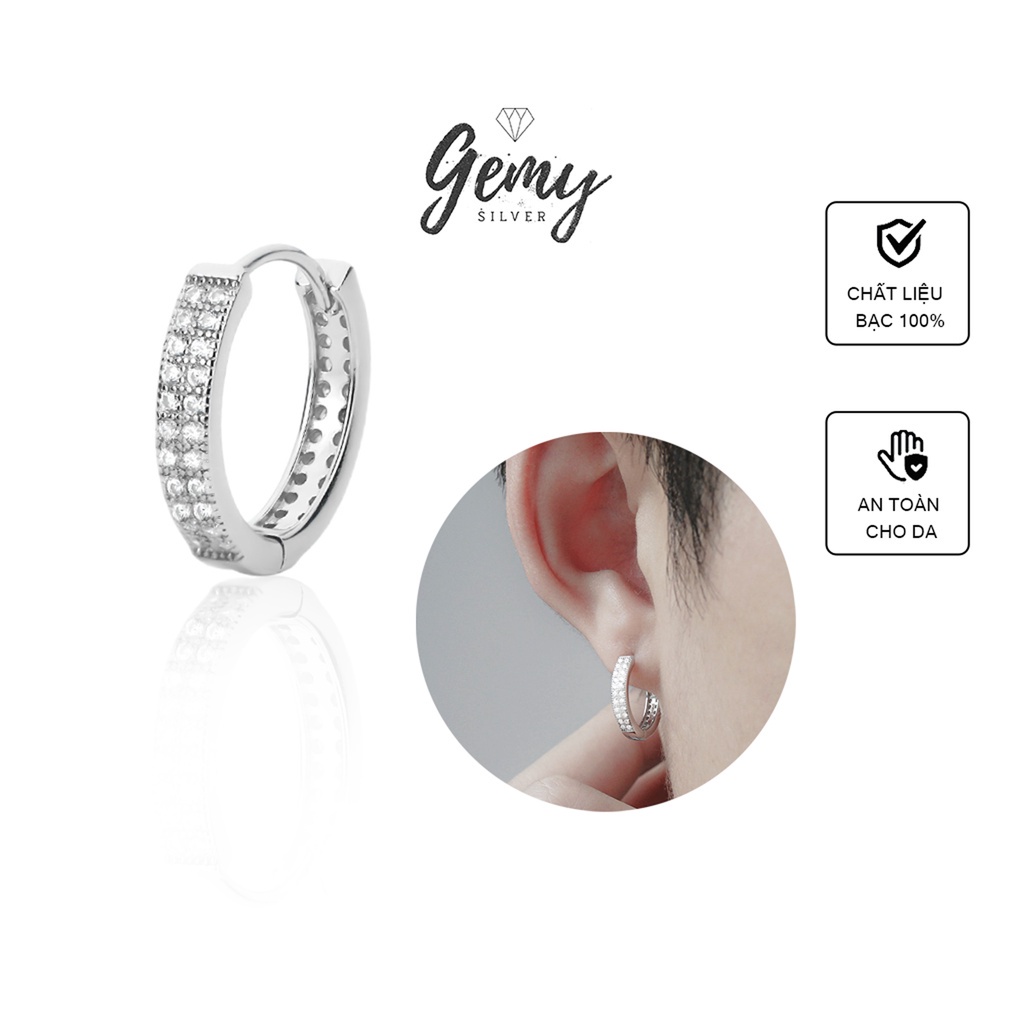 Khuyên tai nam bạc tròn đính đá cá tính lịch lãm unisex Audrey 2 (1 chiếc) | GEMY SILVER KN44